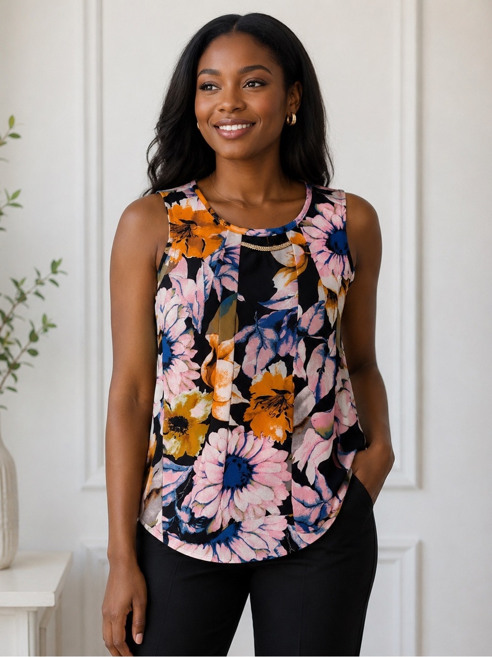 Milano Black Floral Sleeveless Camisole with Pink & Orange Blooms
